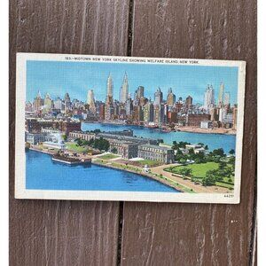 Vtg NYC Postcard Midtown New York Skyline Welfare Island Aerial View Posted 1949